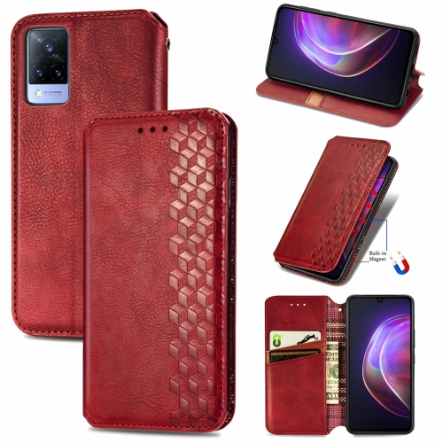 

For vivo V21 Cubic Grid Pressed Horizontal Flip Magnetic PU Leather Case with Holder & Card Slots & Wallet(Red)