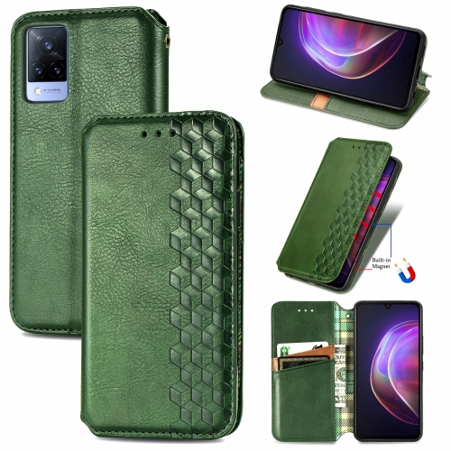 

For vivo V21 Cubic Grid Pressed Horizontal Flip Magnetic PU Leather Case with Holder & Card Slots & Wallet(Green)