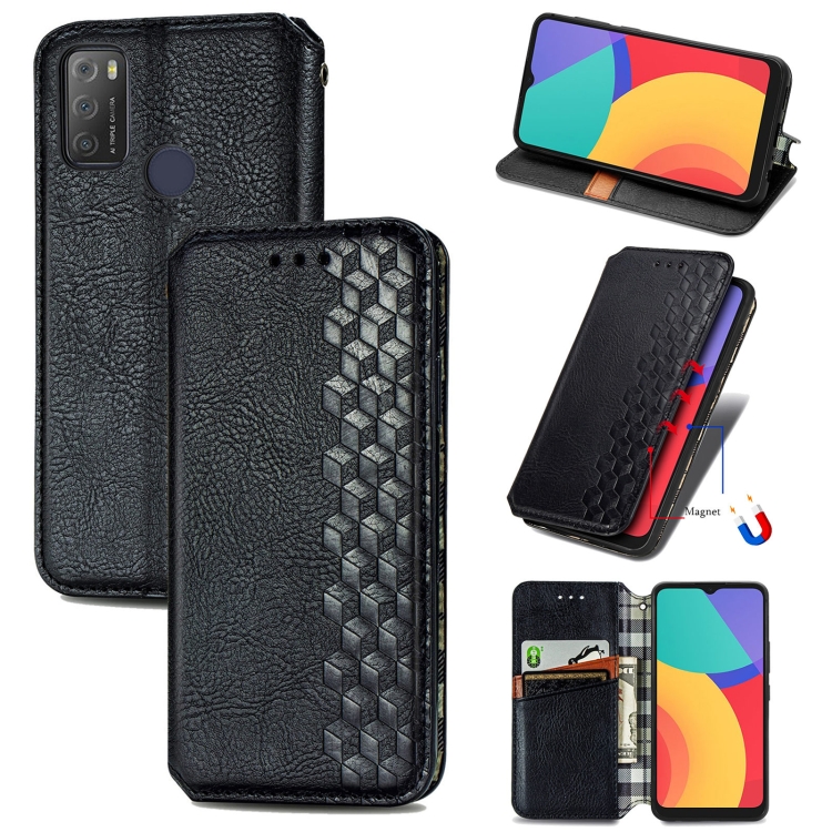 

For Alcatel 1S 2021 Cubic Grid Pressed Horizontal Flip Magnetic PU Leather Case with Holder & Card Slots & Wallet(Black)