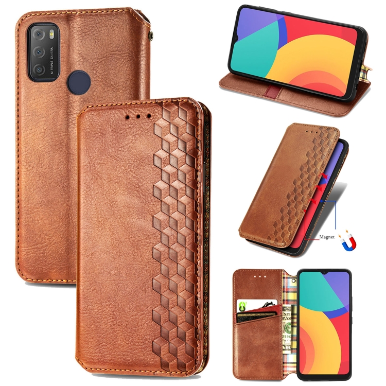 

For Alcatel 1S 2021 Cubic Grid Pressed Horizontal Flip Magnetic PU Leather Case with Holder & Card Slots & Wallet(Brown)