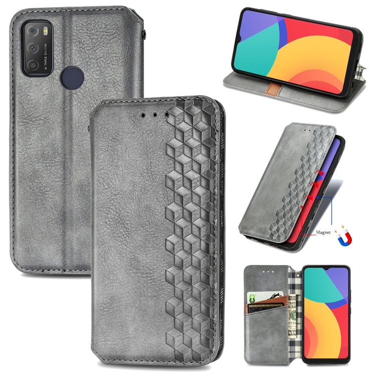 

For Alcatel 1S 2021 Cubic Grid Pressed Horizontal Flip Magnetic PU Leather Case with Holder & Card Slots & Wallet(Grey)