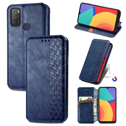 

For Alcatel 1S 2021 Cubic Grid Pressed Horizontal Flip Magnetic PU Leather Case with Holder & Card Slots & Wallet(Blue)