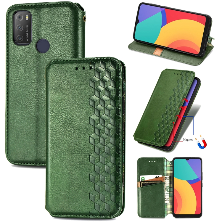 

For Alcatel 1S 2021 Cubic Grid Pressed Horizontal Flip Magnetic PU Leather Case with Holder & Card Slots & Wallet(Green)