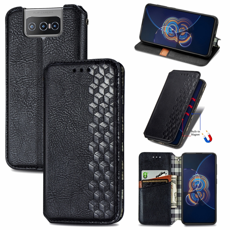 

For Asus Zenfone 8 Flip Cubic Grid Pressed Horizontal Flip Magnetic PU Leather Case with Holder & Card Slots & Wallet(Black)