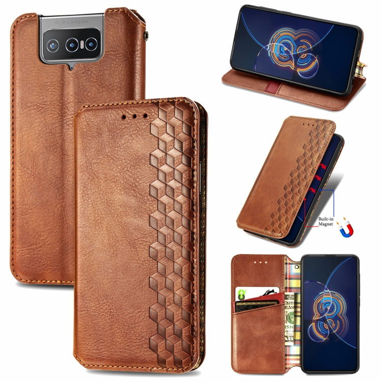 

For Asus Zenfone 8 Flip Cubic Grid Pressed Horizontal Flip Magnetic PU Leather Case with Holder & Card Slots & Wallet(Brown)