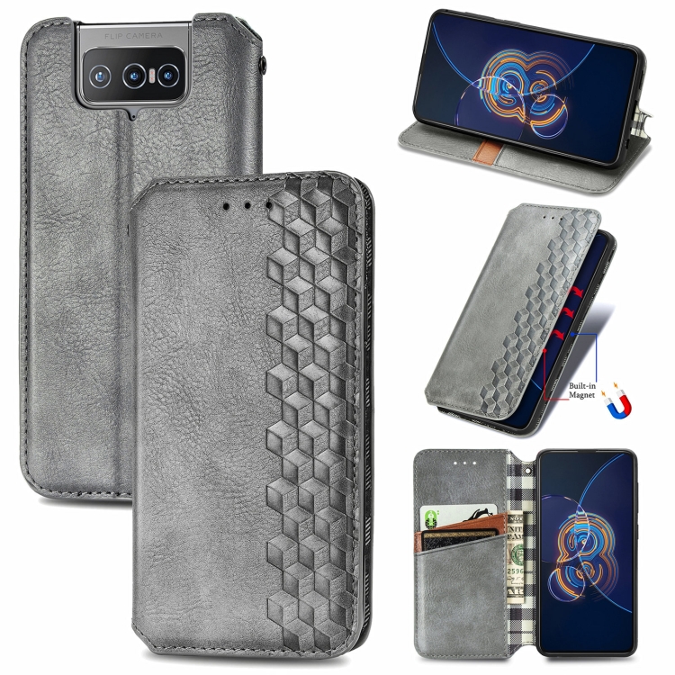 

For Asus Zenfone 8 Flip Cubic Grid Pressed Horizontal Flip Magnetic PU Leather Case with Holder & Card Slots & Wallet(Grey)