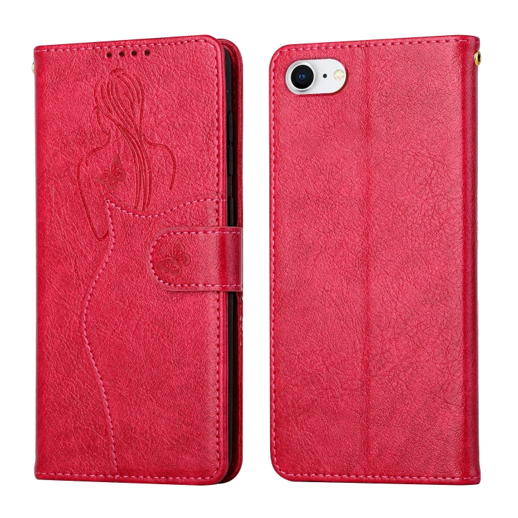 

Beauty Girl Embossing Pattern Horizontal Flip Leather Case with Holder & Card Slot & Wallet & Photo Frame For iPhone SE 2020 / 8 / 7(Red)