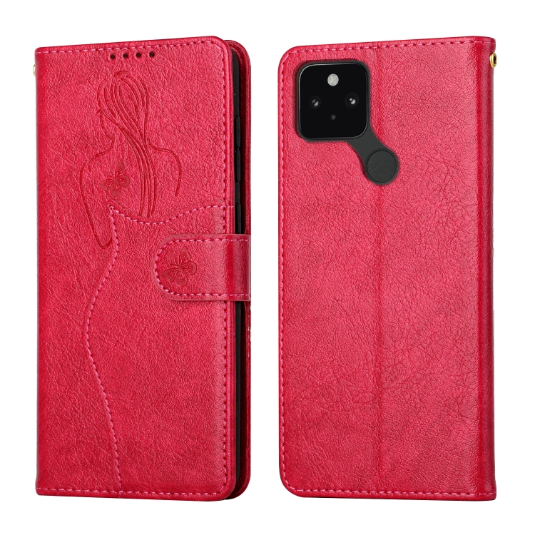 

For Google Pixel 5 Beauty Girl Embossing Pattern Horizontal Flip Leather Case with Holder & Card Slot & Wallet & Photo Frame(Red)