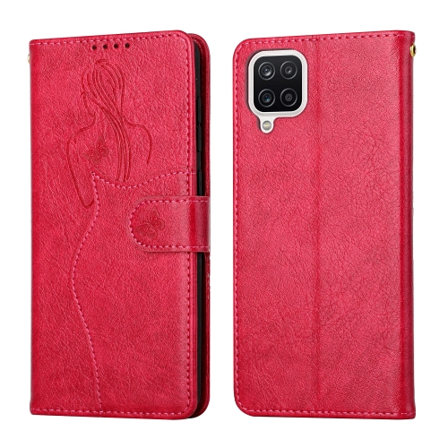 

For Samsung Galaxy A12 Beauty Girl Embossing Pattern Horizontal Flip Leather Case with Holder & Card Slot & Wallet & Photo Frame(Red)