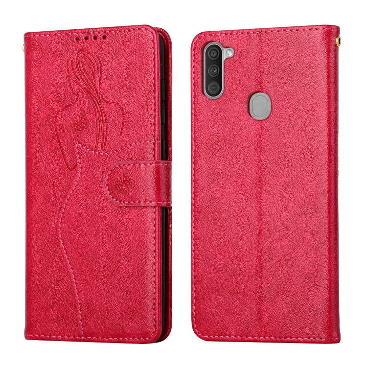 

For Samsung Galaxy A11 Beauty Girl Embossing Pattern Horizontal Flip Leather Case with Holder & Card Slot & Wallet & Photo Frame(Red)