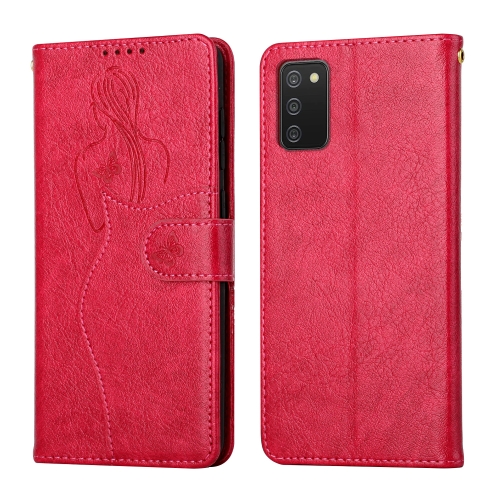 

For Samsung Galaxy A02s EU Version Beauty Girl Embossing Pattern Horizontal Flip Leather Case with Holder & Card Slot & Wallet & Photo Frame(Red)