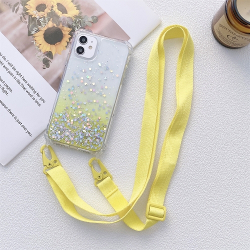 

Gradient Glitter Powder Epoxy TPU Thickened Acrylic Shockproof Case with Wide Neck Lanyard For iPhone 12 mini(Yellow)