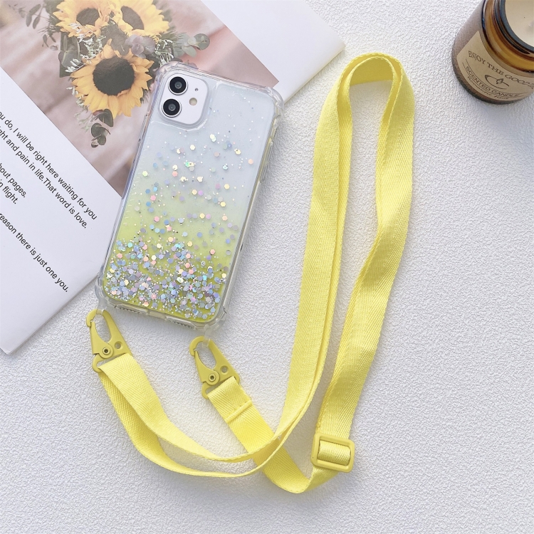 

Gradient Glitter Powder Epoxy TPU Thickened Acrylic Shockproof Case with Wide Neck Lanyard For iPhone 11 Pro(Yellow)