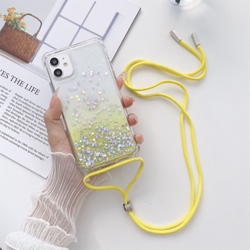 

Gradient Glitter Powder Epoxy TPU Thickened Acrylic Shockproof Case with Round Neck Lanyard For iPhone 12 / 12 Pro(Yellow)