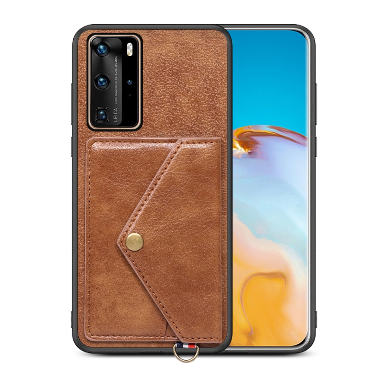 

For Huawei P40 Pro Litchi Texture Silicone + PC + PU Leather Back Cover Shockproof Case with Card Slot(Brown)
