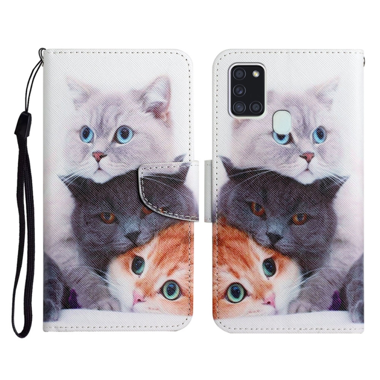 

For Samsung Galaxy A21s Painted Pattern Horizontal Flip Leather Case with Holder & Card Slot & Wallet(Three Cats)