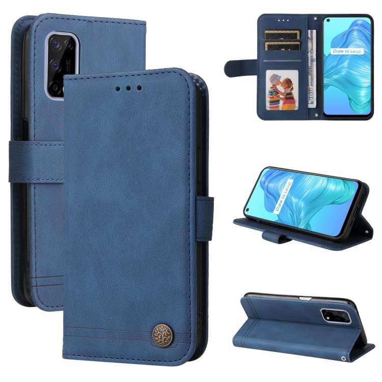 

For OPPO Realme 7 5G / V5 5G Skin Feel Life Tree Metal Button Horizontal Flip Leather Case with Holder & Card Slot & Wallet & Photo Frame & Strap(Blue)