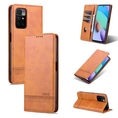 

For Xiaomi Redmi 10 AZNS Magnetic Calf Texture Horizontal Flip Leather Case with Card Slots & Holder & Wallet(Light Brown)