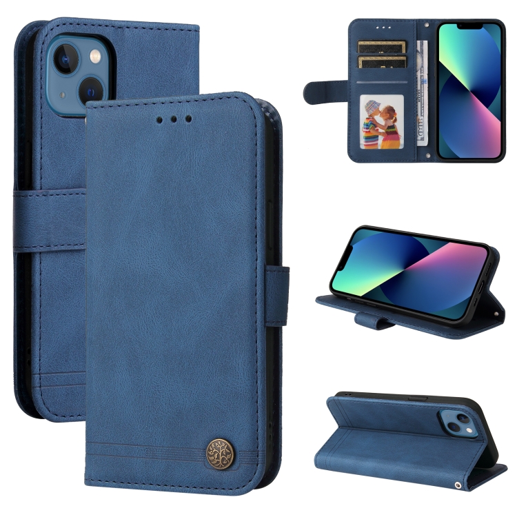 

Skin Feel Life Tree Metal Button Horizontal Flip Leather Case with Holder & Card Slot & Wallet & Photo Frame & Strap For iPhone 13 mini(Blue)