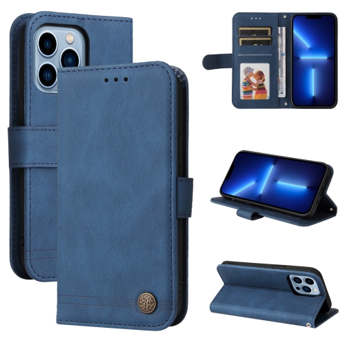 

Skin Feel Life Tree Metal Button Horizontal Flip Leather Case with Holder & Card Slot & Wallet & Photo Frame & Strap For iPhone 13 Pro Max(Blue)