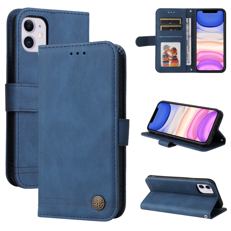 

Skin Feel Life Tree Metal Button Horizontal Flip Leather Case with Holder & Card Slot & Wallet & Photo Frame & Strap For iPhone 12 mini(Blue)