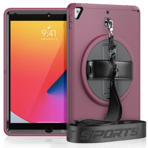 

Shockproof TPU Protective Case with Holder & Pen Slot & Shoulder Strap For iPad 10.2 2021 / 2020 / 2019(Dark Rose Red)