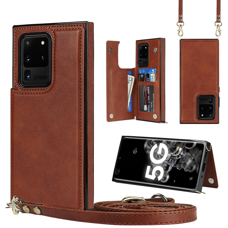 

For Samsung Galaxy S20 Ultra Cross-body Square Double Buckle Flip Card Bag TPU+PU Case with Card Slots & Wallet & Photo & Strap(Brown)
