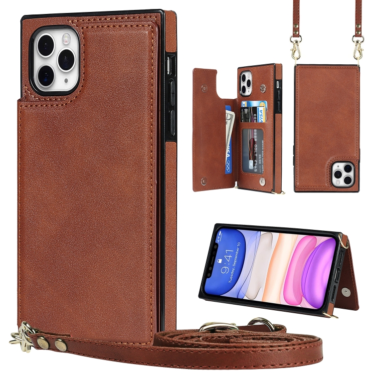 

Cross-body Square Double Buckle Flip Card Bag TPU+PU Case with Card Slots & Wallet & Photo & Strap For iPhone 11 Pro Max(Brown)