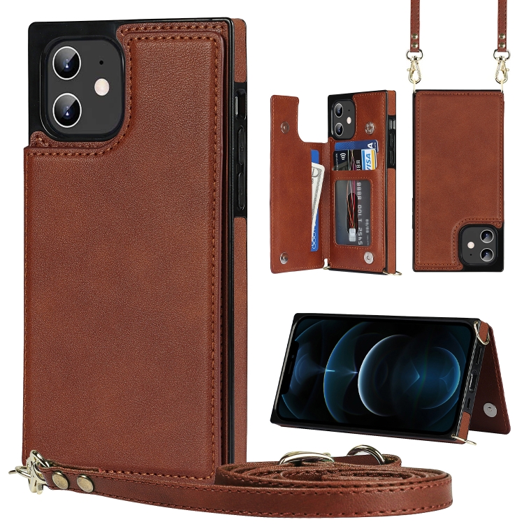

Cross-body Square Double Buckle Flip Card Bag TPU+PU Case with Card Slots & Wallet & Photo & Strap For iPhone 12 / 12 Pro(Brown)