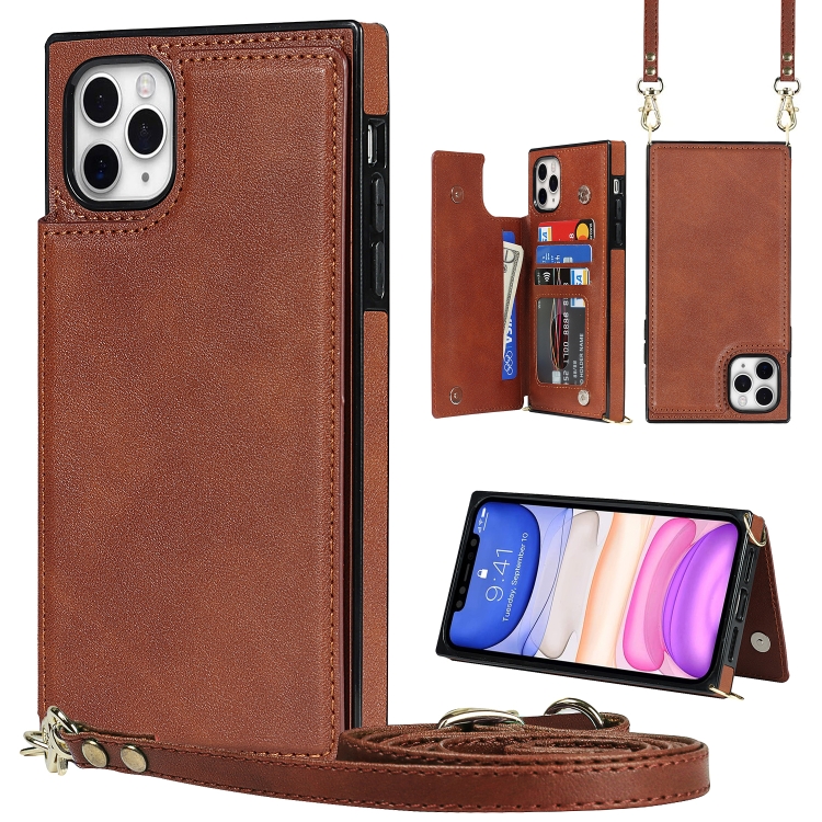 

Cross-body Square Double Buckle Flip Card Bag TPU+PU Case with Card Slots & Wallet & Photo & Strap For iPhone 12 Pro Max(Brown)