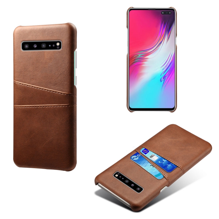 

For Samsung Galaxy S10 5G Calf Texture PC + PU Leather Back Cover Shockproof Case with Dual Card Slots(Brown)
