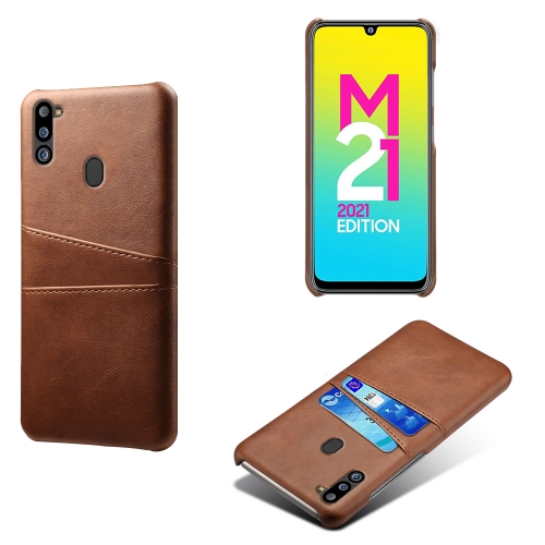 

For Samsung Galaxy M21 2021 Calf Texture PC + PU Leather Back Cover Shockproof Case with Dual Card Slots(Brown)