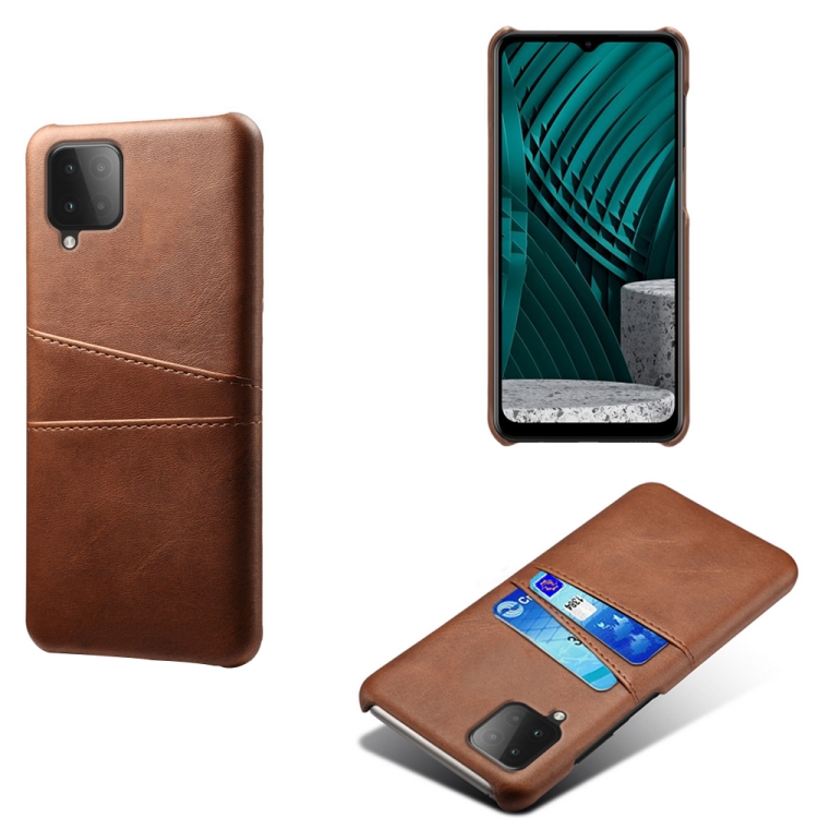 

For Samsung Galaxy M12 Calf Texture PC + PU Leather Back Cover Shockproof Case with Dual Card Slots(Brown)