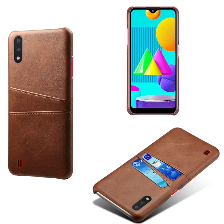 

For Samsung Galaxy M01 Calf Texture PC + PU Leather Back Cover Shockproof Case with Dual Card Slots(Brown)