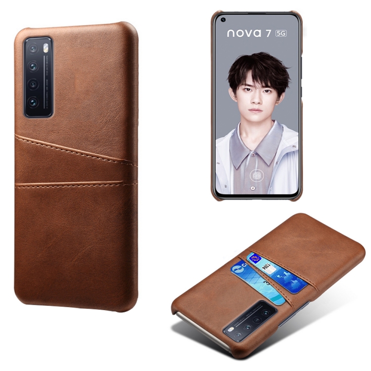 

For Huawei nova 7 5G Calf Texture PC + PU Leather Back Cover Shockproof Case with Dual Card Slots(Brown)