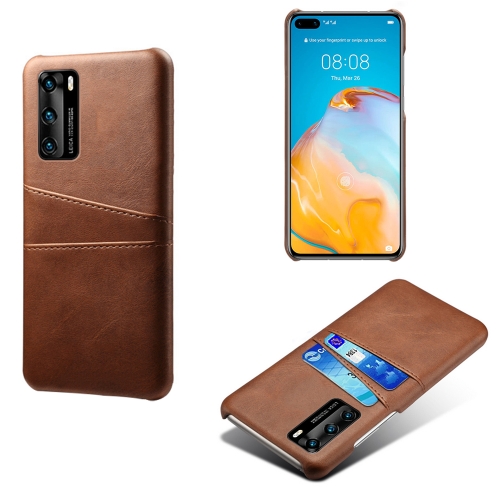 

For Huawei P40 Calf Texture PC + PU Leather Back Cover Shockproof Case with Dual Card Slots(Brown)