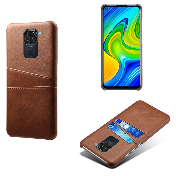

For Xiaomi Redmi Note 9 Calf Texture PC + PU Leather Back Cover Shockproof Case with Dual Card Slots(Brown)
