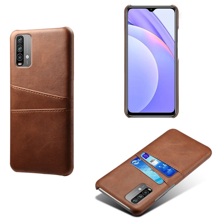 

For Xiaomi Redmi Note 9 4G Calf Texture PC + PU Leather Back Cover Shockproof Case with Dual Card Slots(Brown)