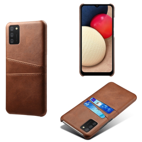 

For Samsung Galaxy A02s Calf Texture PC + PU Leather Back Cover Shockproof Case with Dual Card Slots(Brown)