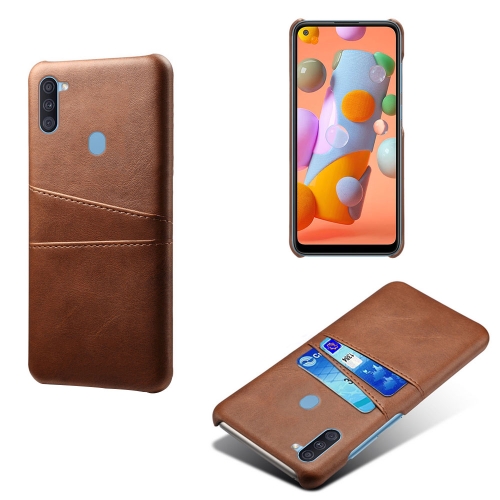 

For Samsung Galaxy A11 Calf Texture PC + PU Leather Back Cover Shockproof Case with Dual Card Slots(Brown)