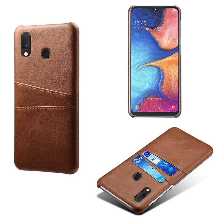 

For Samsung Galaxy A20 Calf Texture PC + PU Leather Back Cover Shockproof Case with Dual Card Slots(Brown)