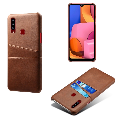 

For Samsung Galaxy A20s Calf Texture PC + PU Leather Back Cover Shockproof Case with Dual Card Slots(Brown)