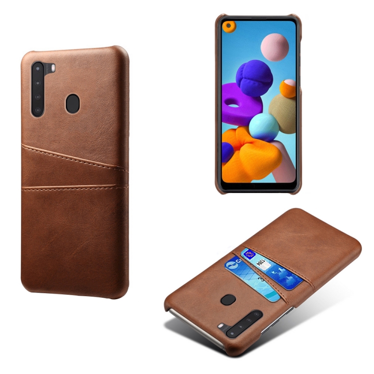 

For Samsung Galaxy A21 Calf Texture PC + PU Leather Back Cover Shockproof Case with Dual Card Slots(Brown)