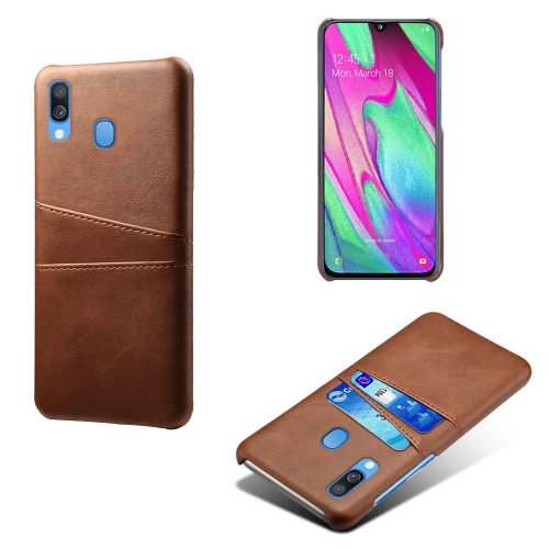 

For Samsung Galaxy A40 Calf Texture PC + PU Leather Back Cover Shockproof Case with Dual Card Slots(Brown)