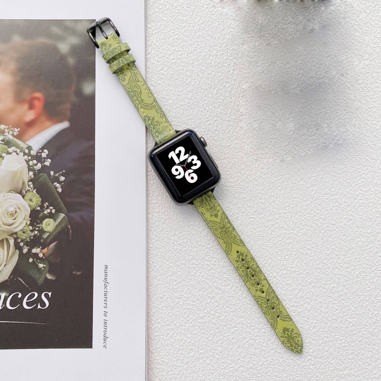 

Small Slim Ethnic Leather Replacement Wrist Strap Watchband For Apple Watch Series 7 41mm / 6&SE&5&4 40mm / 3&2&1 38mm(Dark Green)