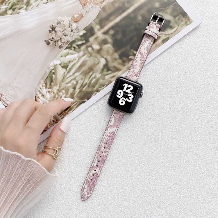 

Small Slim Ethnic Leather Replacement Wrist Strap Watchband For Apple Watch Series 7 41mm / 6&SE&5&4 40mm / 3&2&1 38mm(Pink)