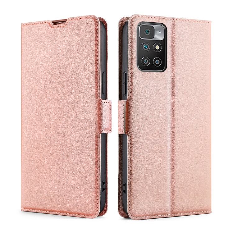 

For Xiaomi Redmi 10 Ultra-thin Voltage Side Buckle PU + TPU Horizontal Flip Leather Case with Holder & Card Slot(Rose Gold)