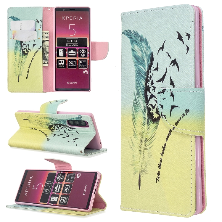 

For Sony Xperia 5 / XZ5 Colored Drawing Pattern Horizontal Flip PU Leather Case with Holder & Card Slots & Wallet(Feather Bird)