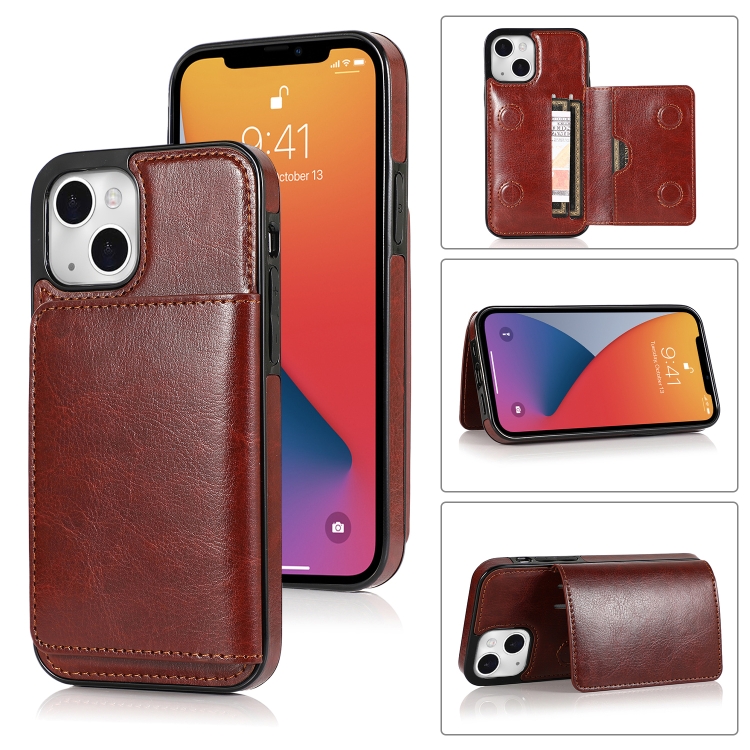 

Shockproof PU + TPU Protective Case with Card Slots & Holder For iPhone 13 mini(Brown)