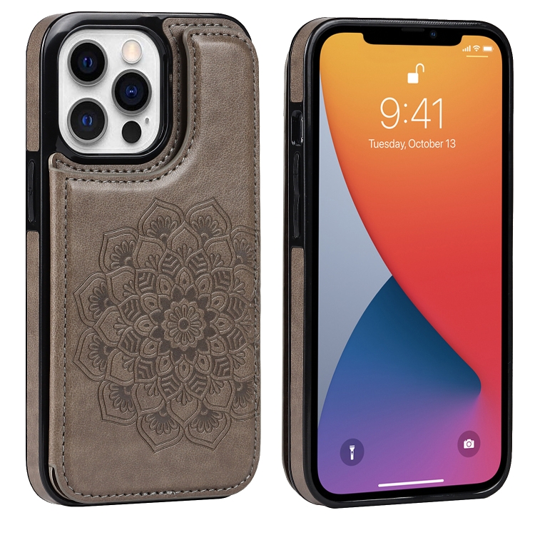 

Double Buckle Mandala Pattern PU+TPU Protective Case with Card Slots & Holder & Photo Frame For iPhone 13 Pro(Grey)